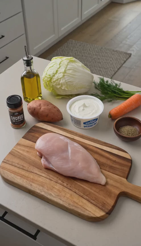 Zuckerfreies BBQ-Hähnchen mit Süßkartoffel und leichtem Krautsalat
