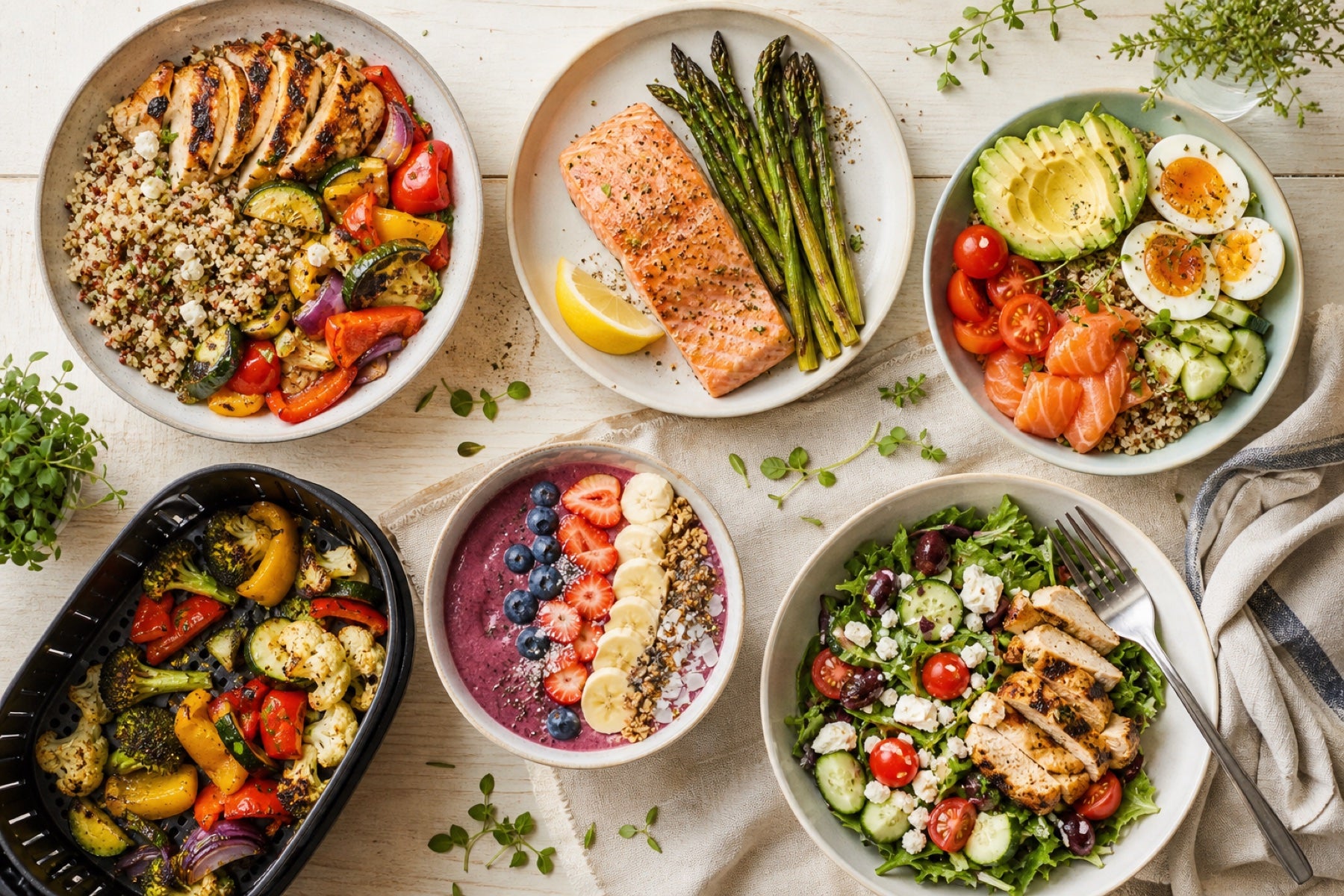 Ein Tisch mit Gerichten aus dem Buch: Bowls, Lachs mit Spargel, Smoothie-Bowl und Hähnchensalat