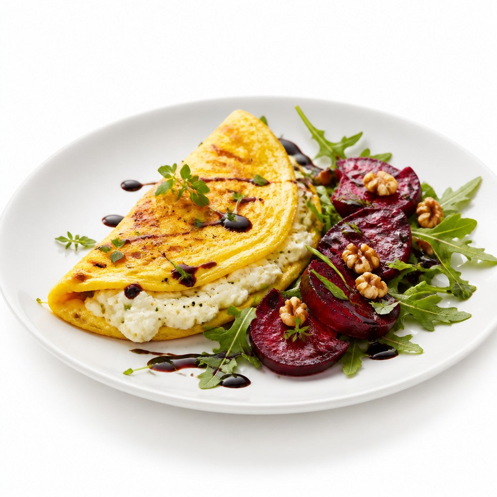 Omelett mit Ziegenkäse, gebackener Roter Bete und Rucola